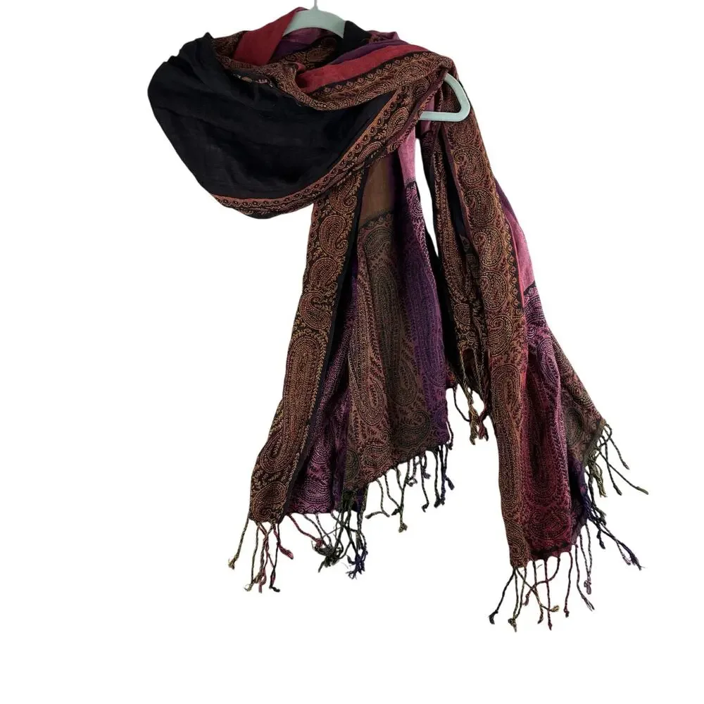 Boho Hippi Scarf Shawl Multicolor Fringe Floral Paisley Motif Stripe Renaissance